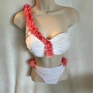 Bikini White with Pink Flowers on One Shoulder & on the Sides on Bottom